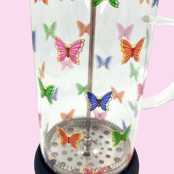 NWT COLORFUL BUTTERFLY GLASS FRENCH PRESS COFFEE MAKER STAINLESS LID/PLUNGER - Picture 2 of 5